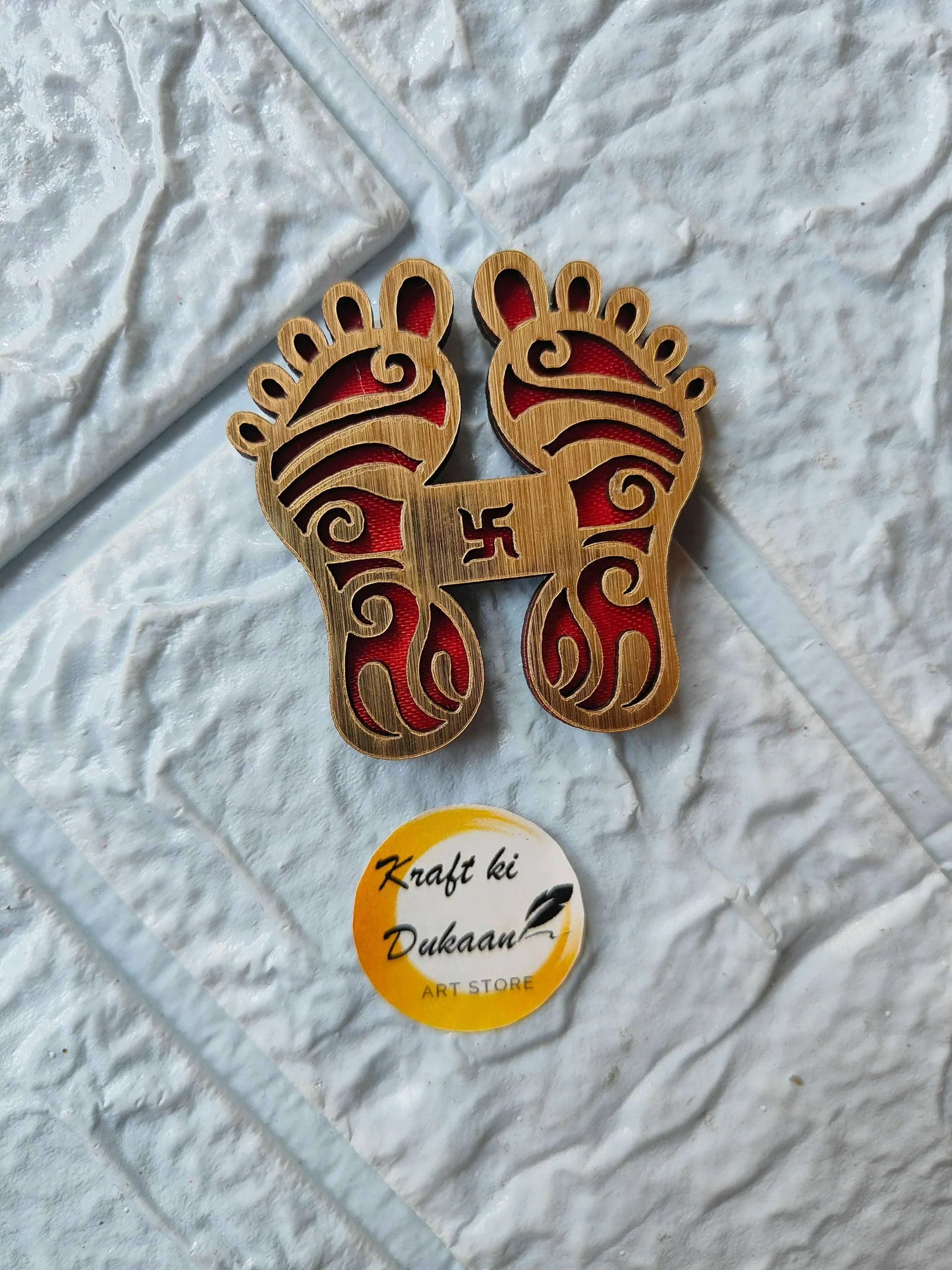 Acrylic Charan cutout pair, ornate feet shape with red center and gold swirls