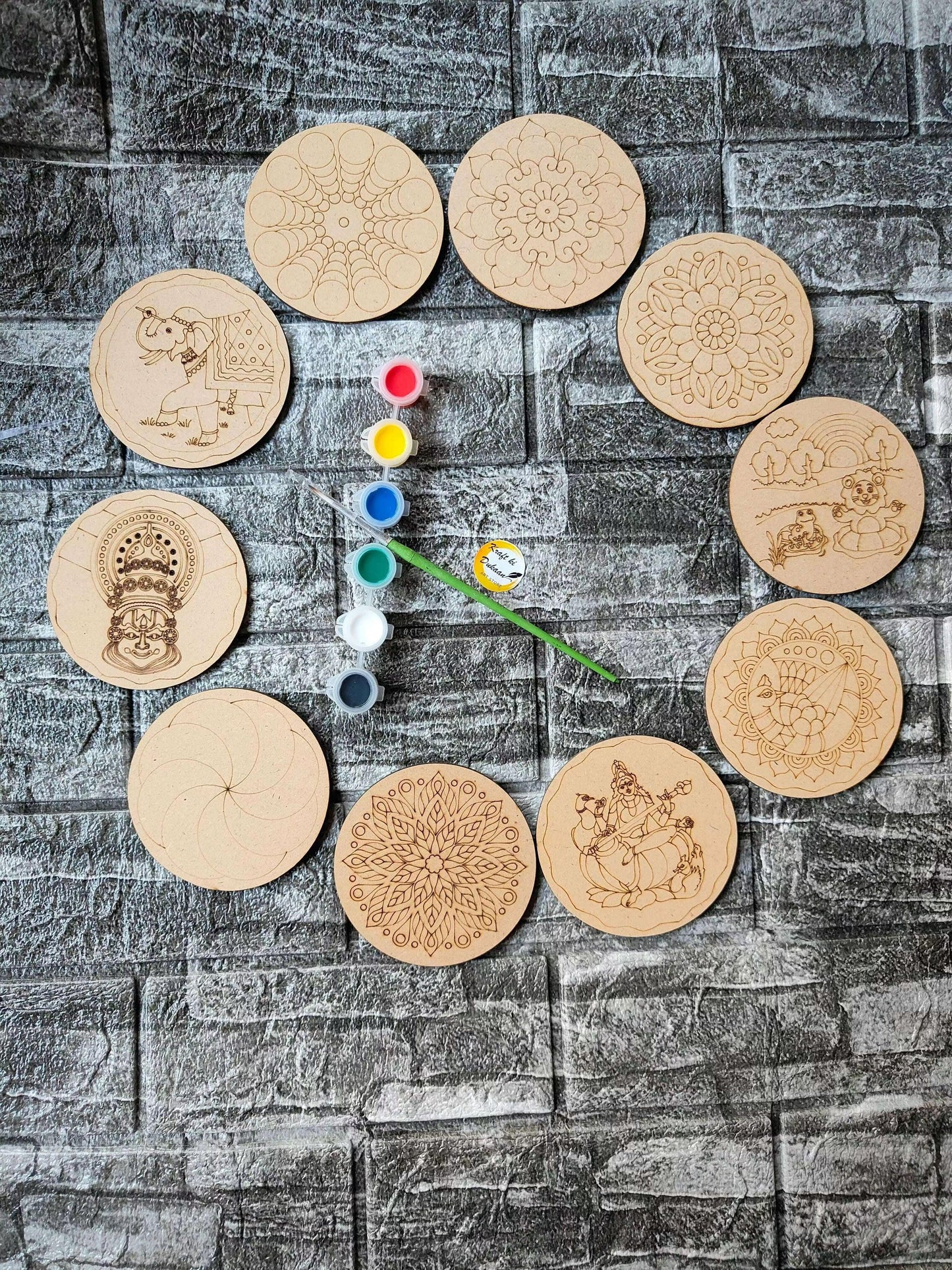 DIY MDF mandala painting kit: circular MDF sheets with line art and paint colors