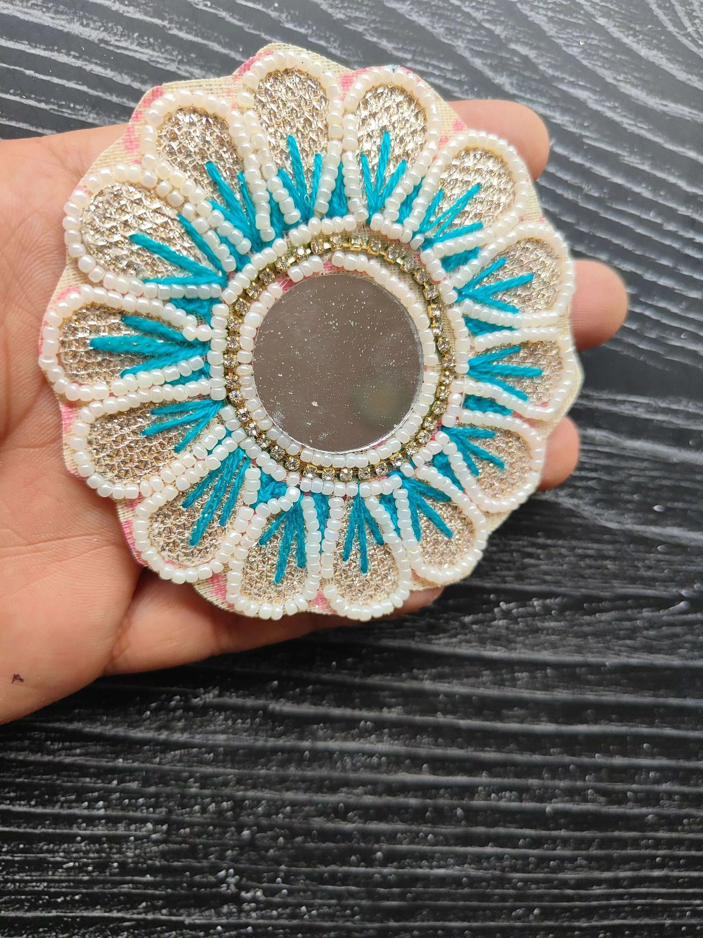 Embroidered flower decorative patch with multicolor rays and silver bead border, single