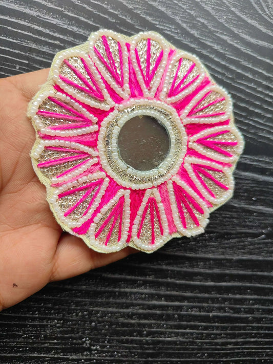 Rani Pink beaded flower patch with circular center