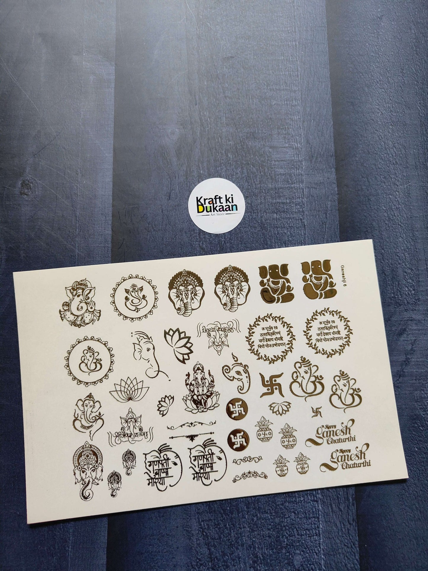 Gold embossed A5 sticker sheet with Hindu deity and ornamental icons