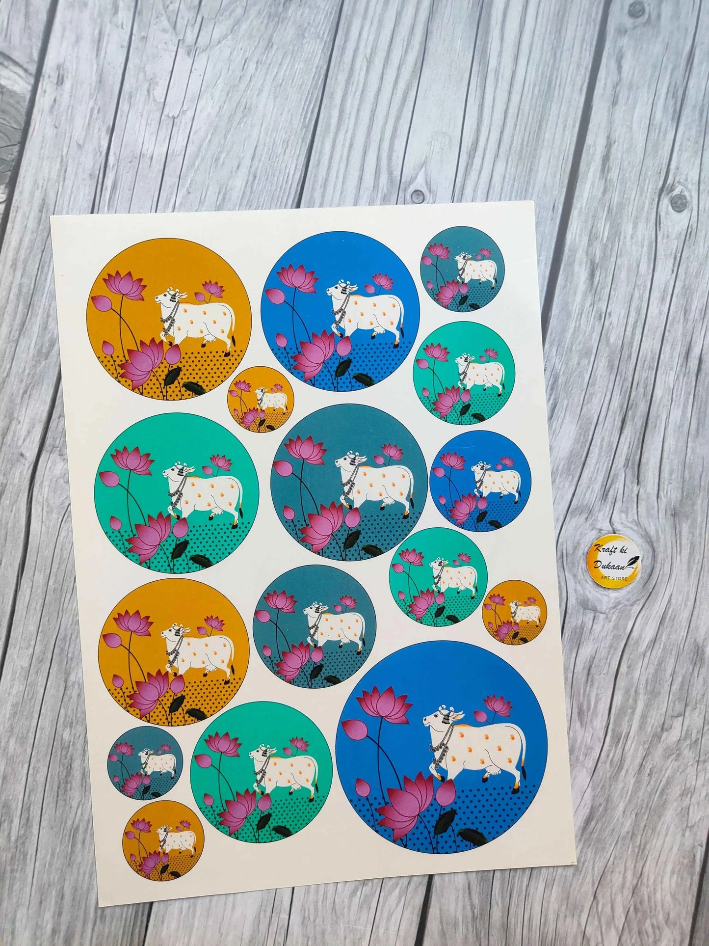 A4 colour sticker sheet with circular dog and flower illustrations, assorted sizes