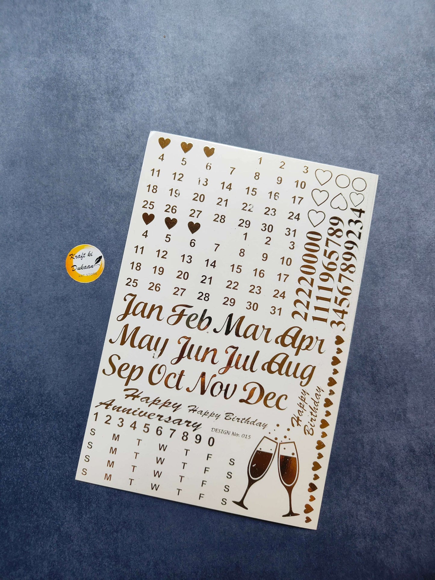 A5 gold metal sticker sheet featuring month names, numbers, and decorative elements