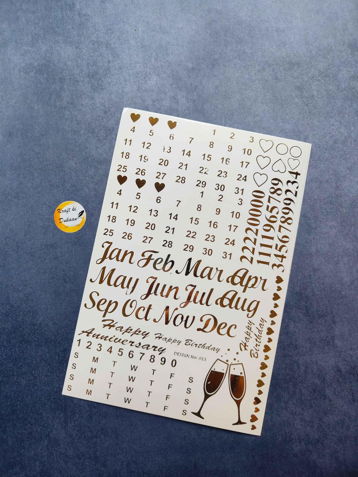 A5 gold embossed sticker sheet with months, dates, hearts and numbers