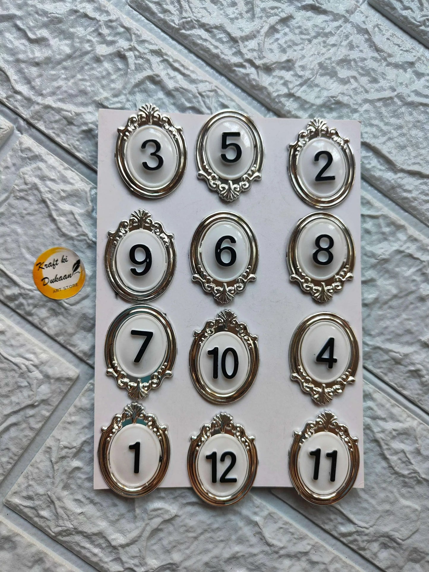 1.75" Acrylic number set, silver ornate frames with numbers 1–12