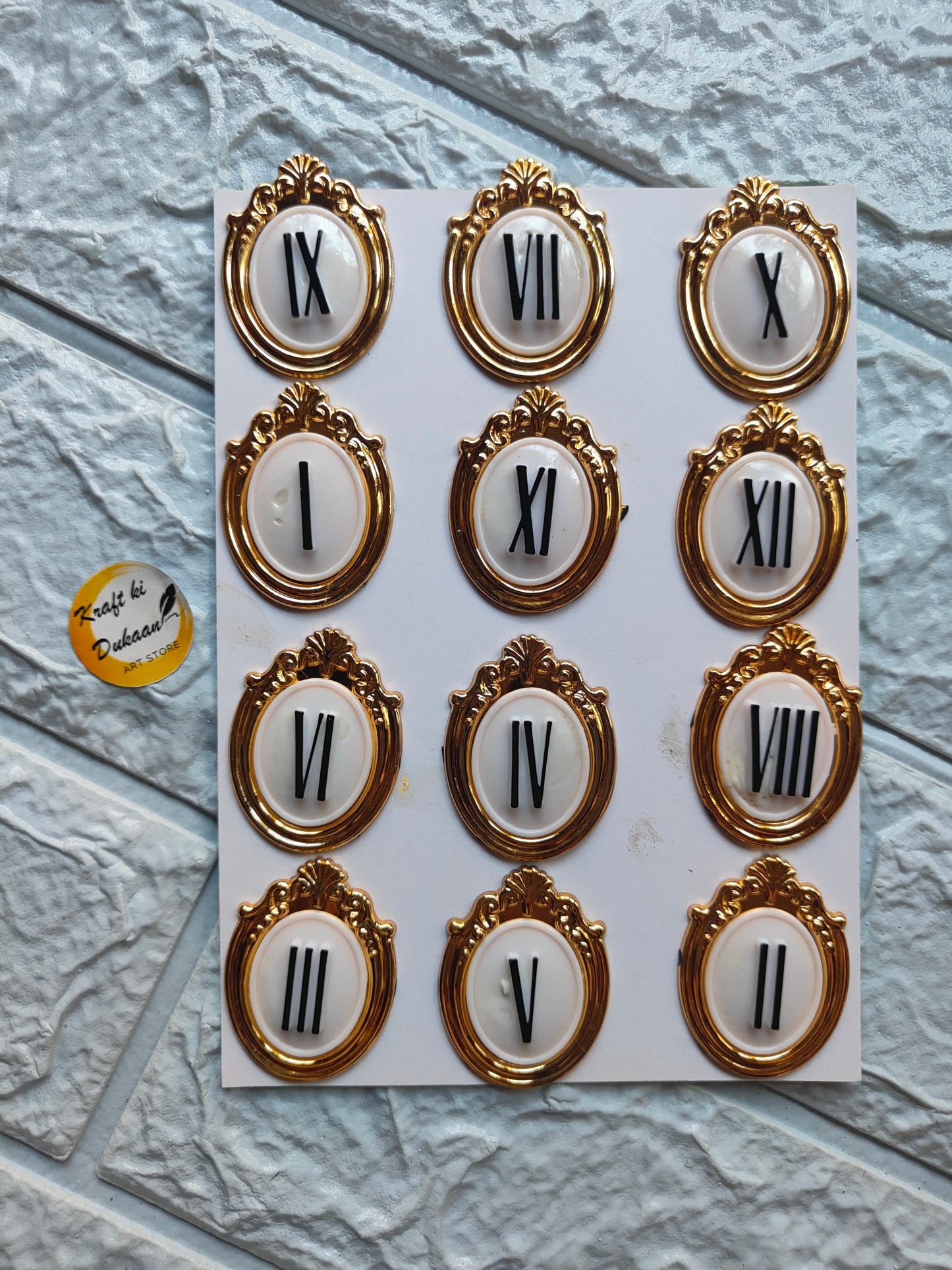 Set of acrylic roman numbers for art projects in decorative gold frames on a white background