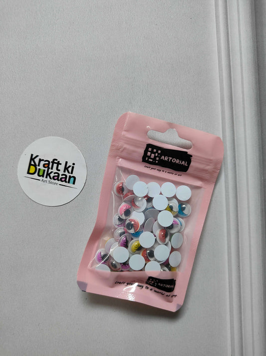 Pack of 8mm sticker googly eyes with lashes, shown in sealed pouch