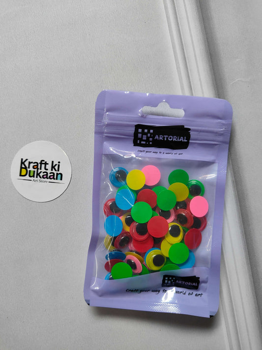 Packaged 12mm colored googly eyes (55) in resealable plastic pouch