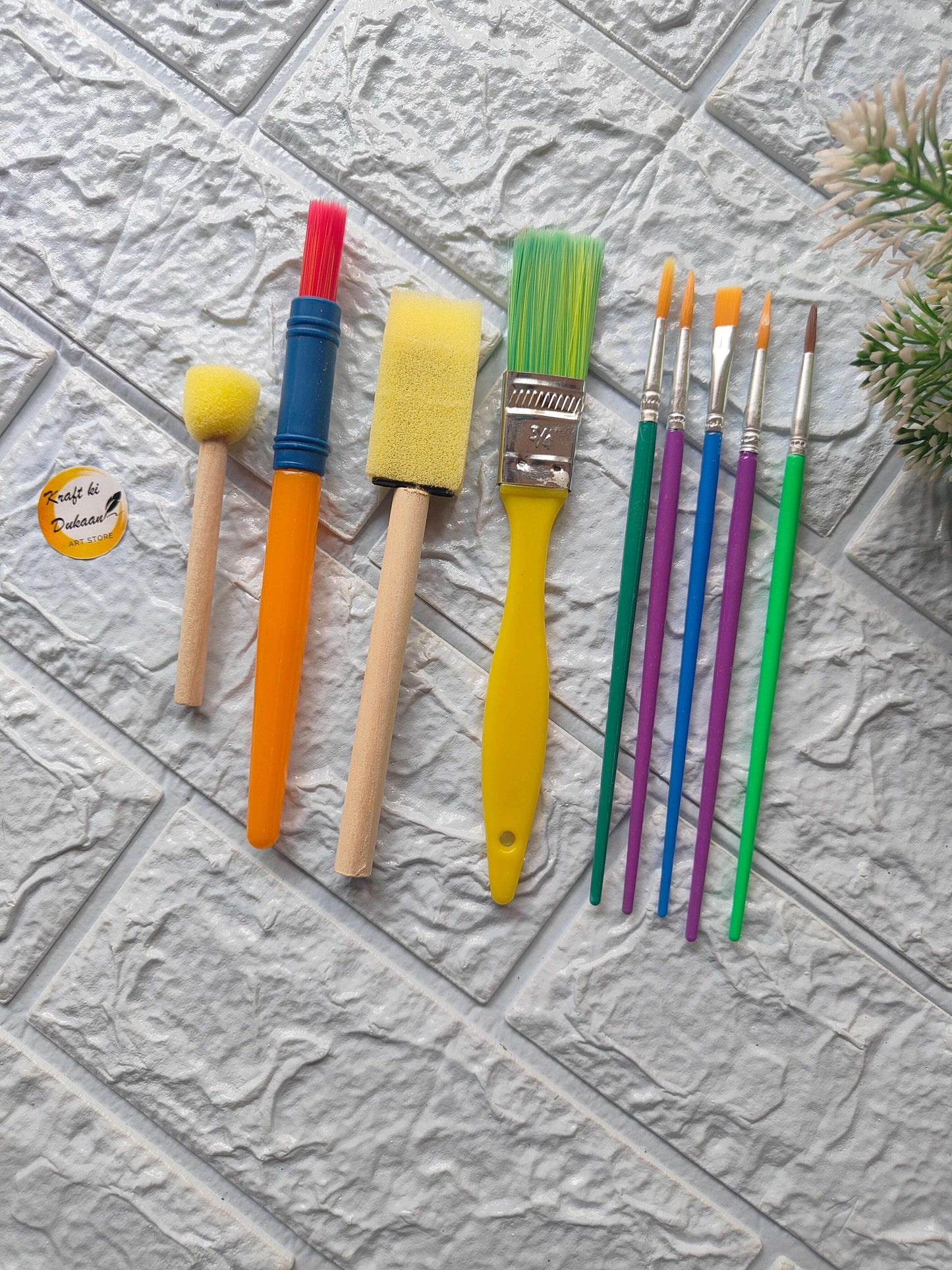 9PC art brush set with foam and bristle brushes; colorful handles and tips