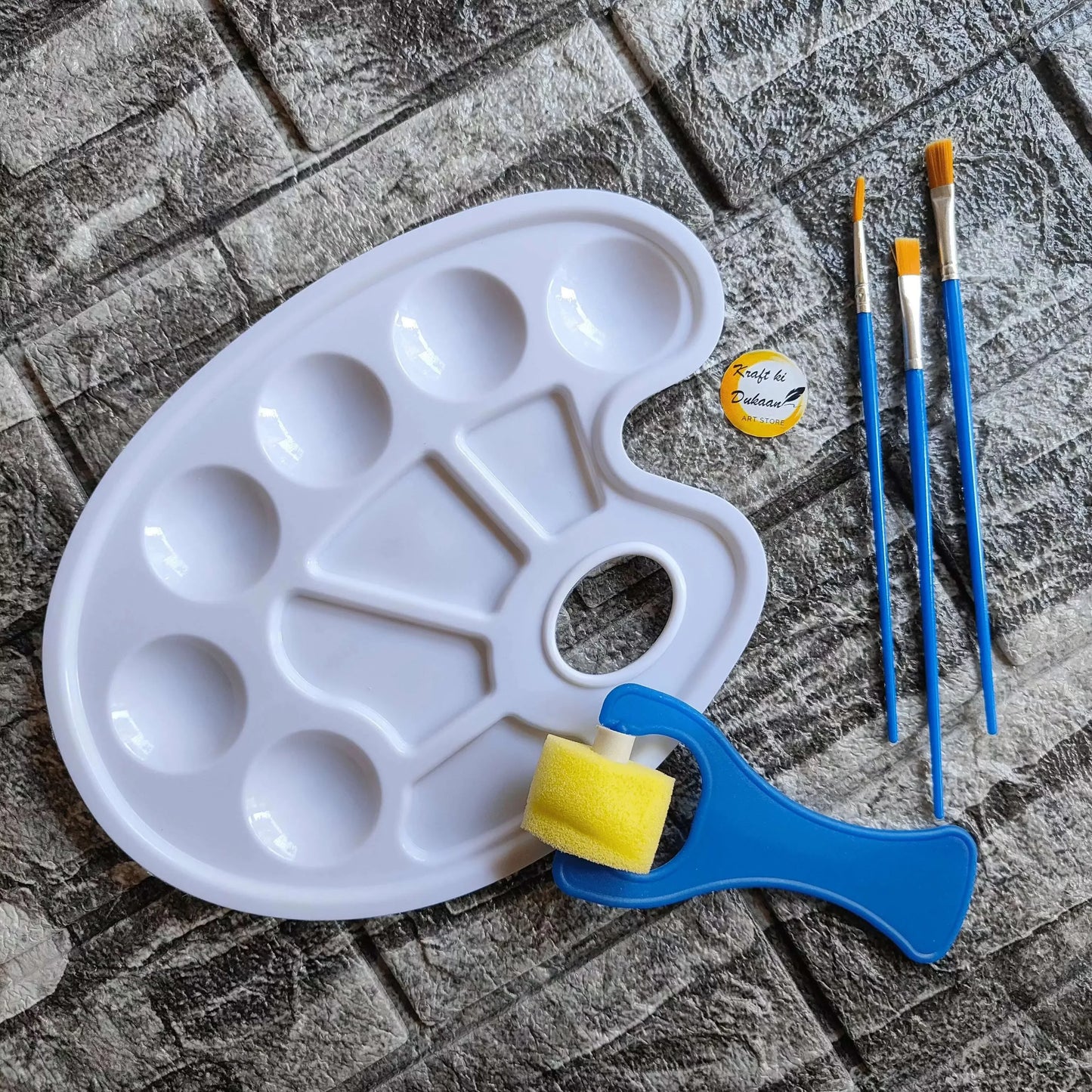 Paint 5PC kit: white palette with thumb tab, two blue paintbrushes