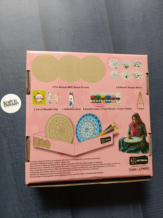 Lippan Art Kit A3 box front showing materials list and pre-marked MDF circles