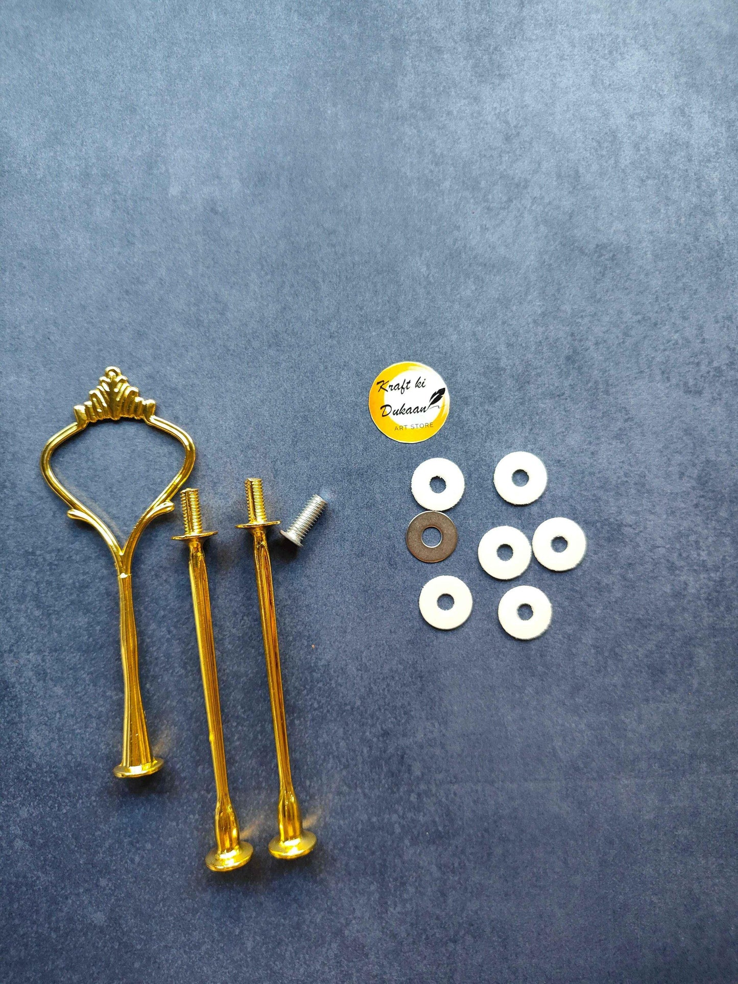 Gold cake stand handle with mounting rods, screws and white washer pieces