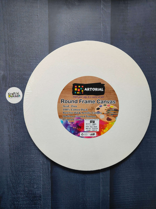 Round stretched canvas board with frame, white surface with front info label