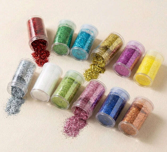 Set of 12 chunky glitter jars in assorted shades: red, green, blue, gold, silver, purple