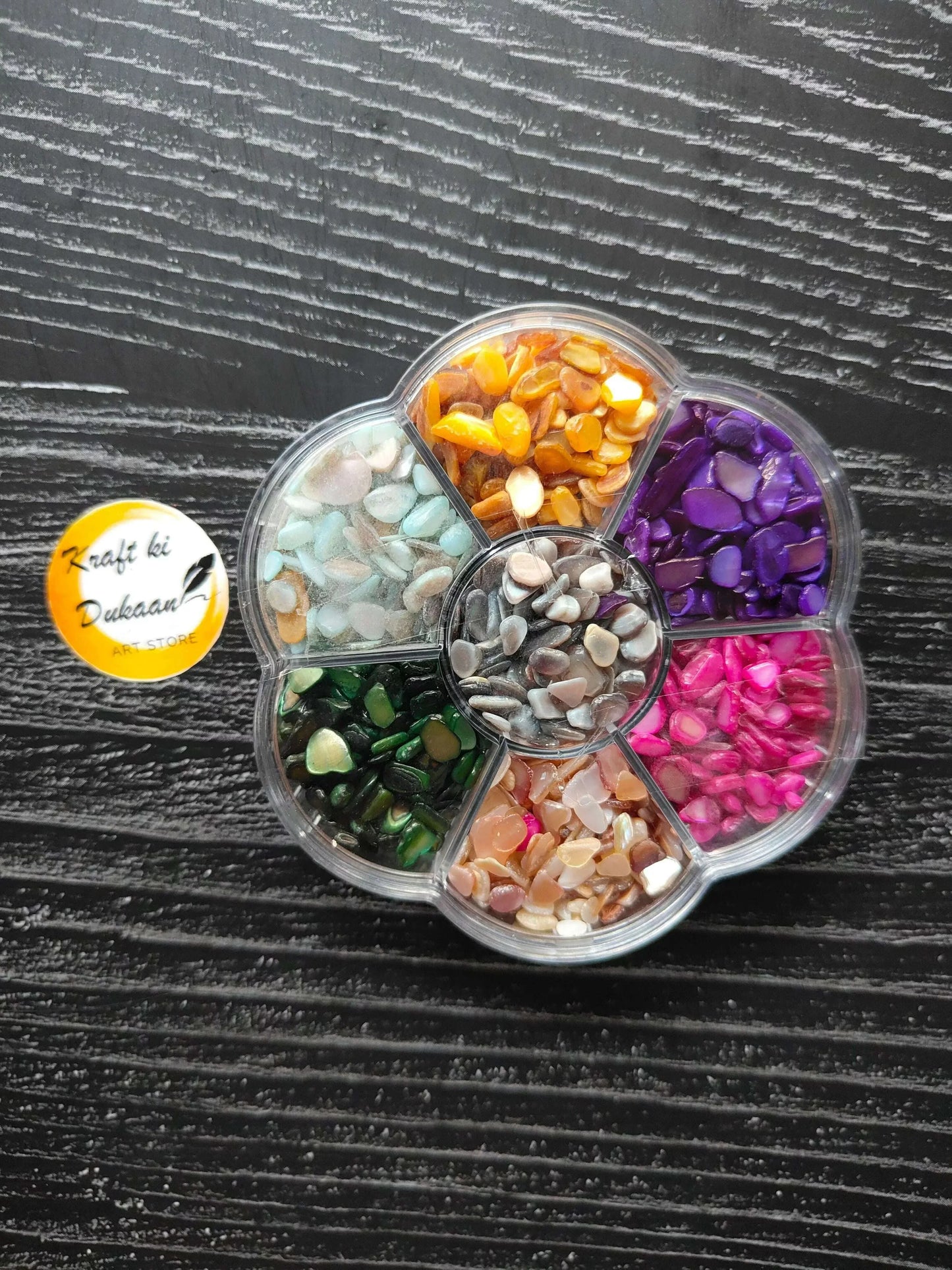 Stone Box B2 with 6 compartments of assorted colored stones in clear lid