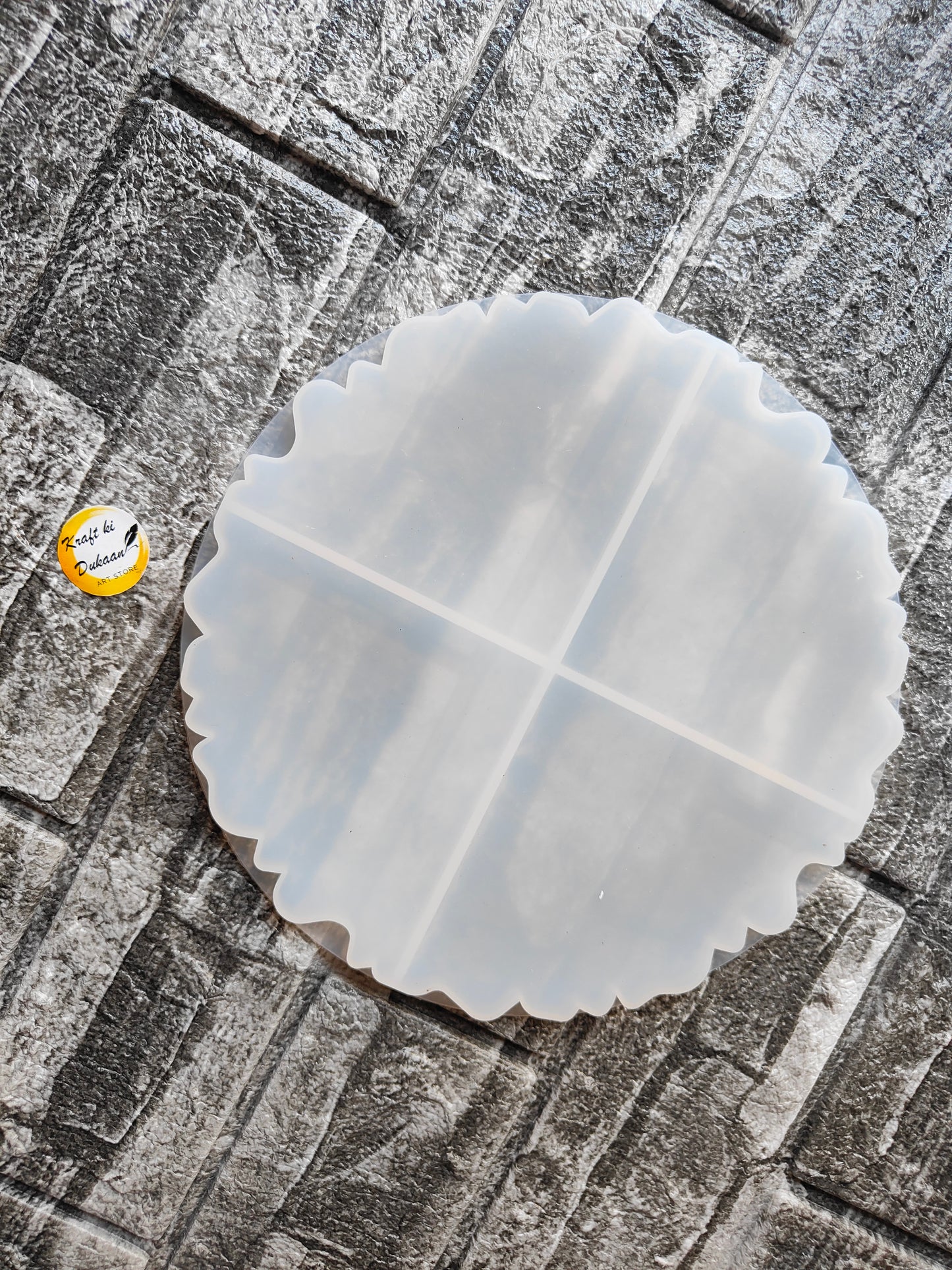 Clear 8 inch silicone pizza mold for crafting with a fluted edge, perfect for baking and arts projects