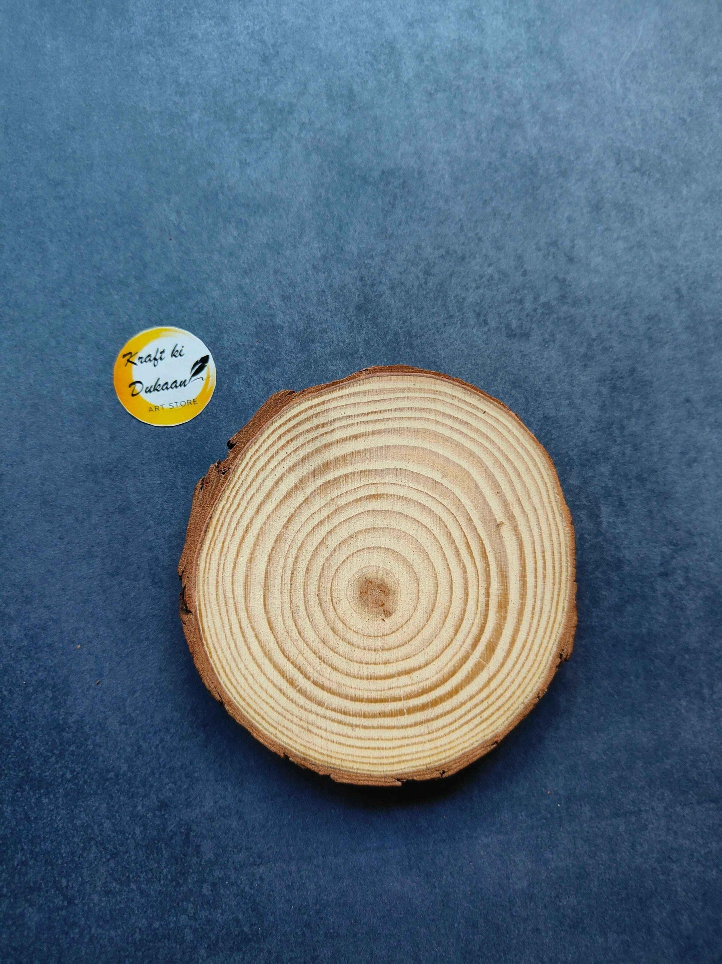 Round wooden slice with concentric growth rings and a rough bark edge