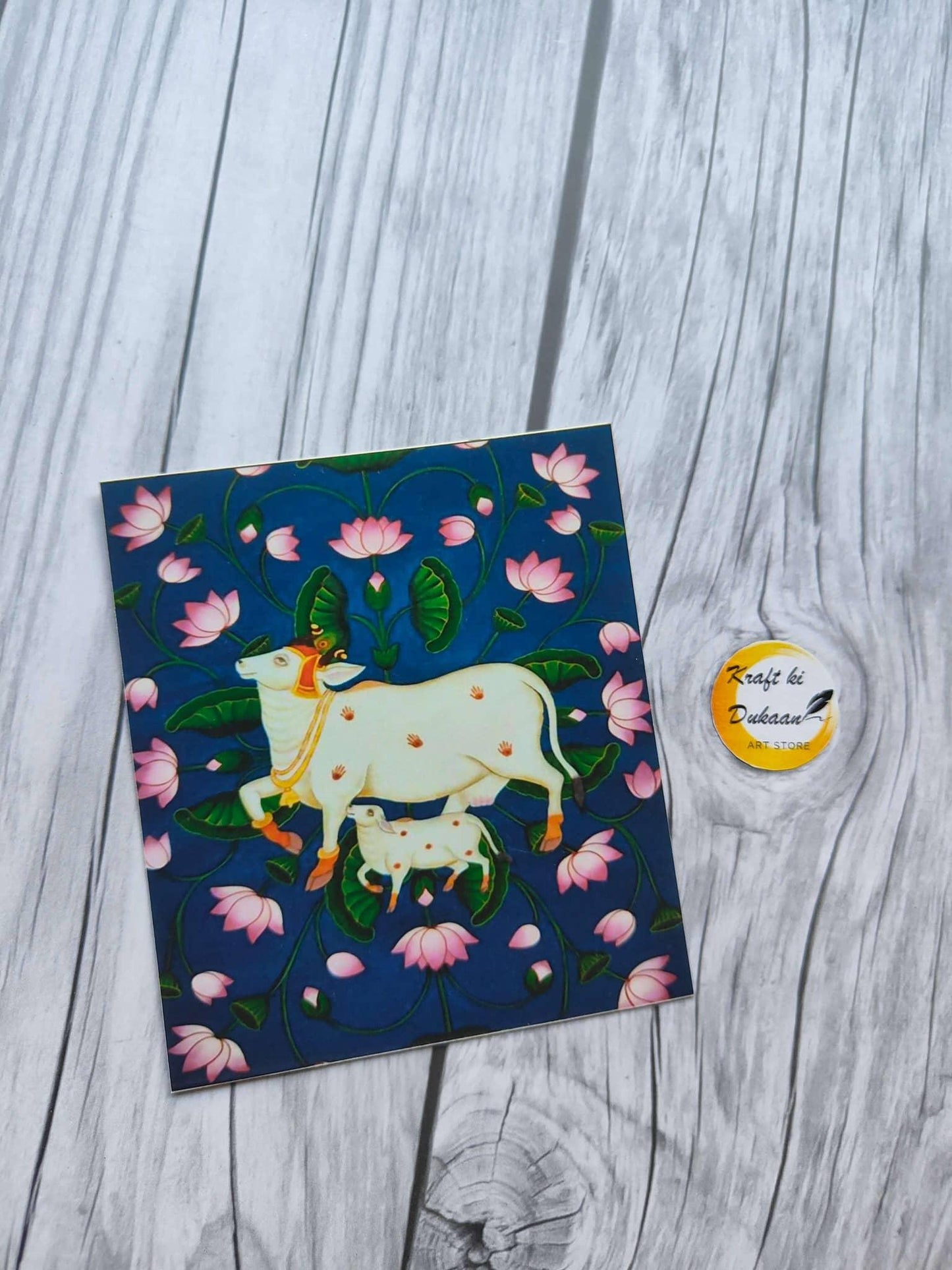 Square mini sticker sheet with pink flowers and green leaves, featuring cow illustrations.