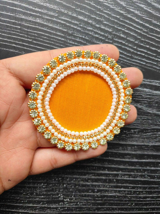 Orange decorative patch AB, circular fabric with pearl edging and gold rhinestone border