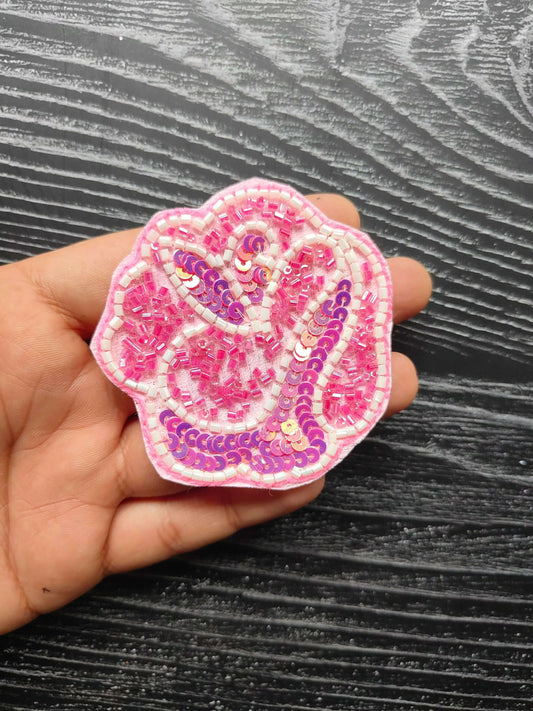 Pink sequin decorative patch, heart shape with purple accents