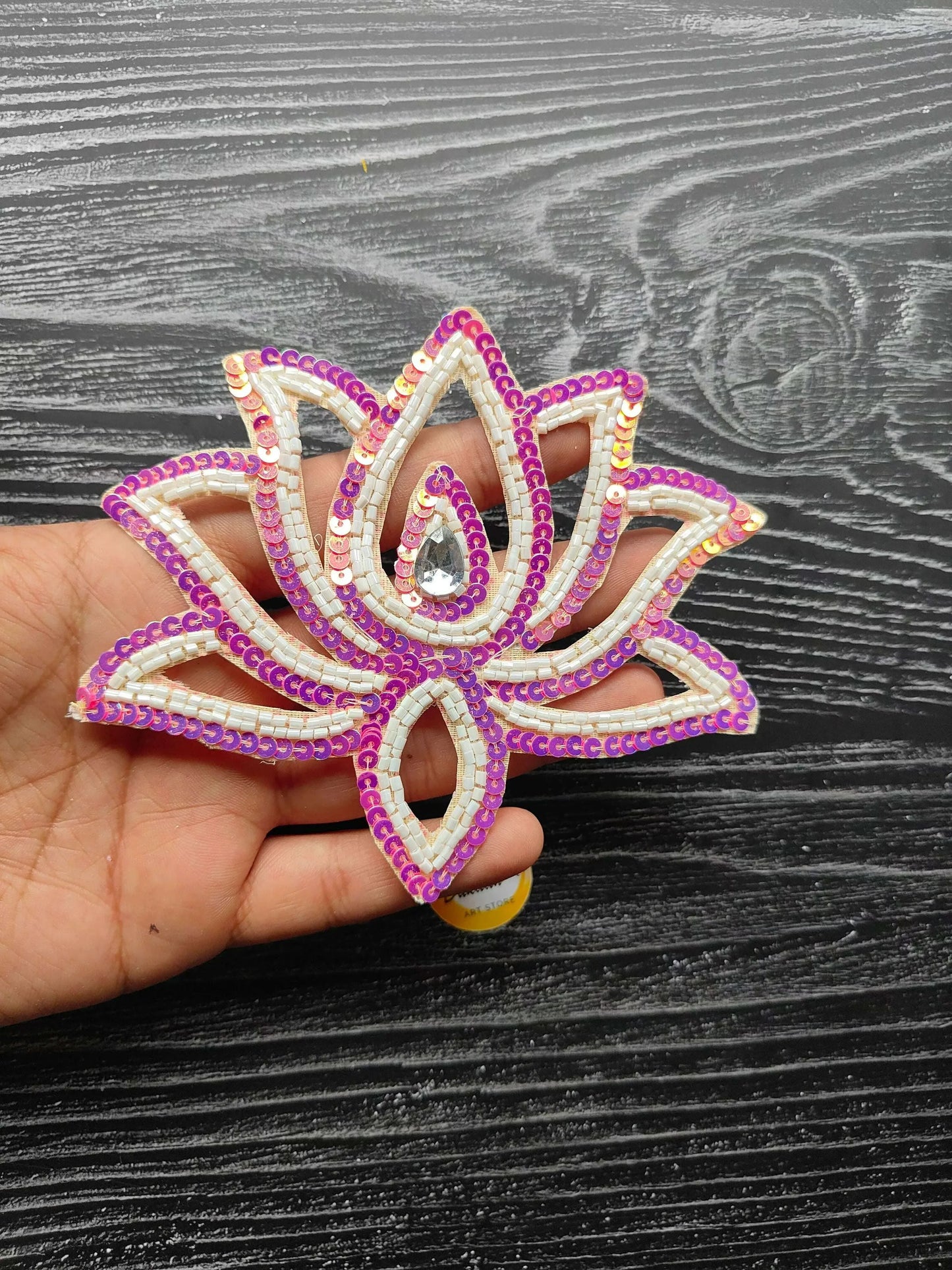 Pink and white sequin lotus flower decorative patch with gem center