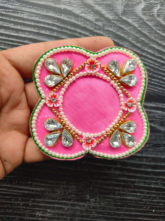 Pink heart-shaped decorative patch with pearl border and crystal teardrop accents