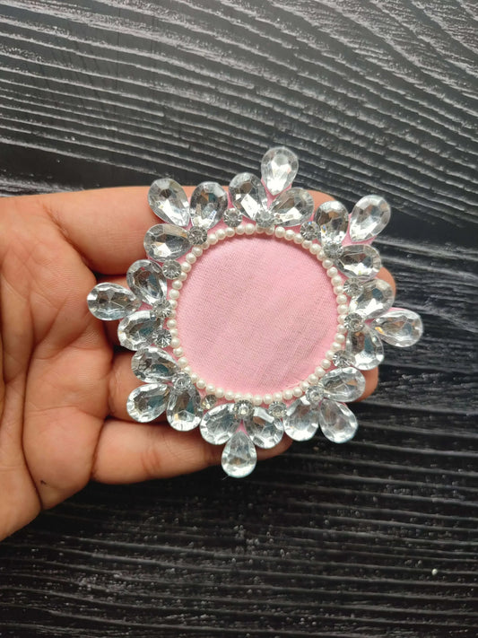 Pink center decorative patch with clear rhinestone scallop edge and pearl beads