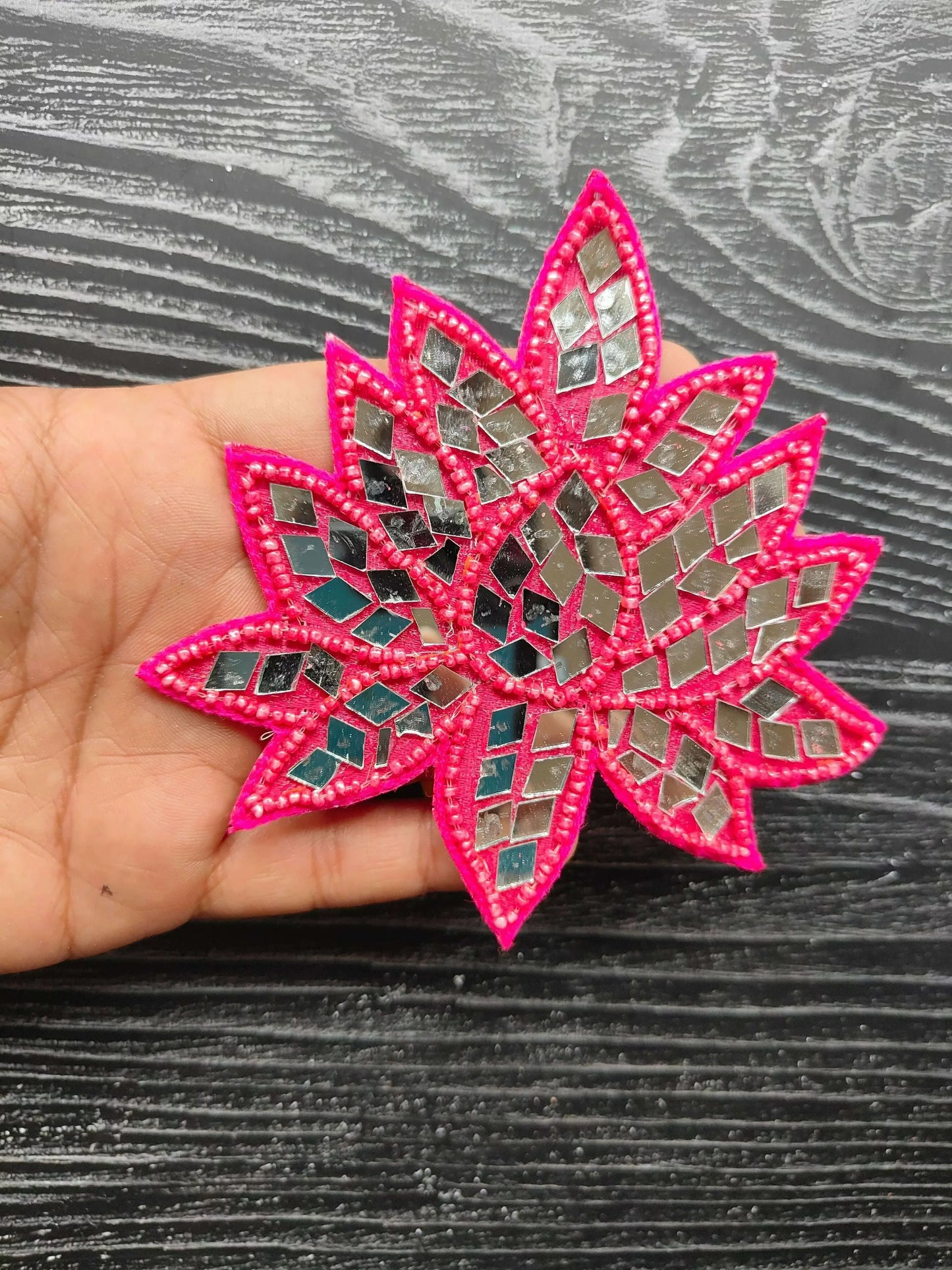 Rani pink star-shaped decorative patch with bead border and mirrored mosaic segments