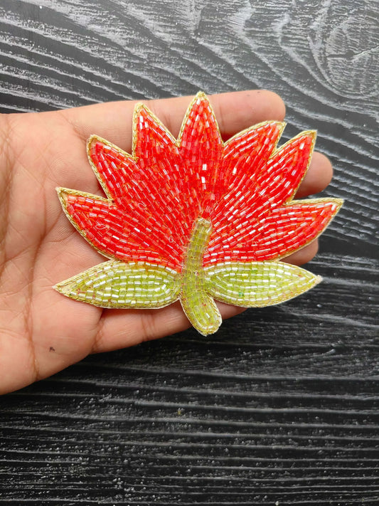 Red lotus decorative patch with yellow-green petals and green leaf