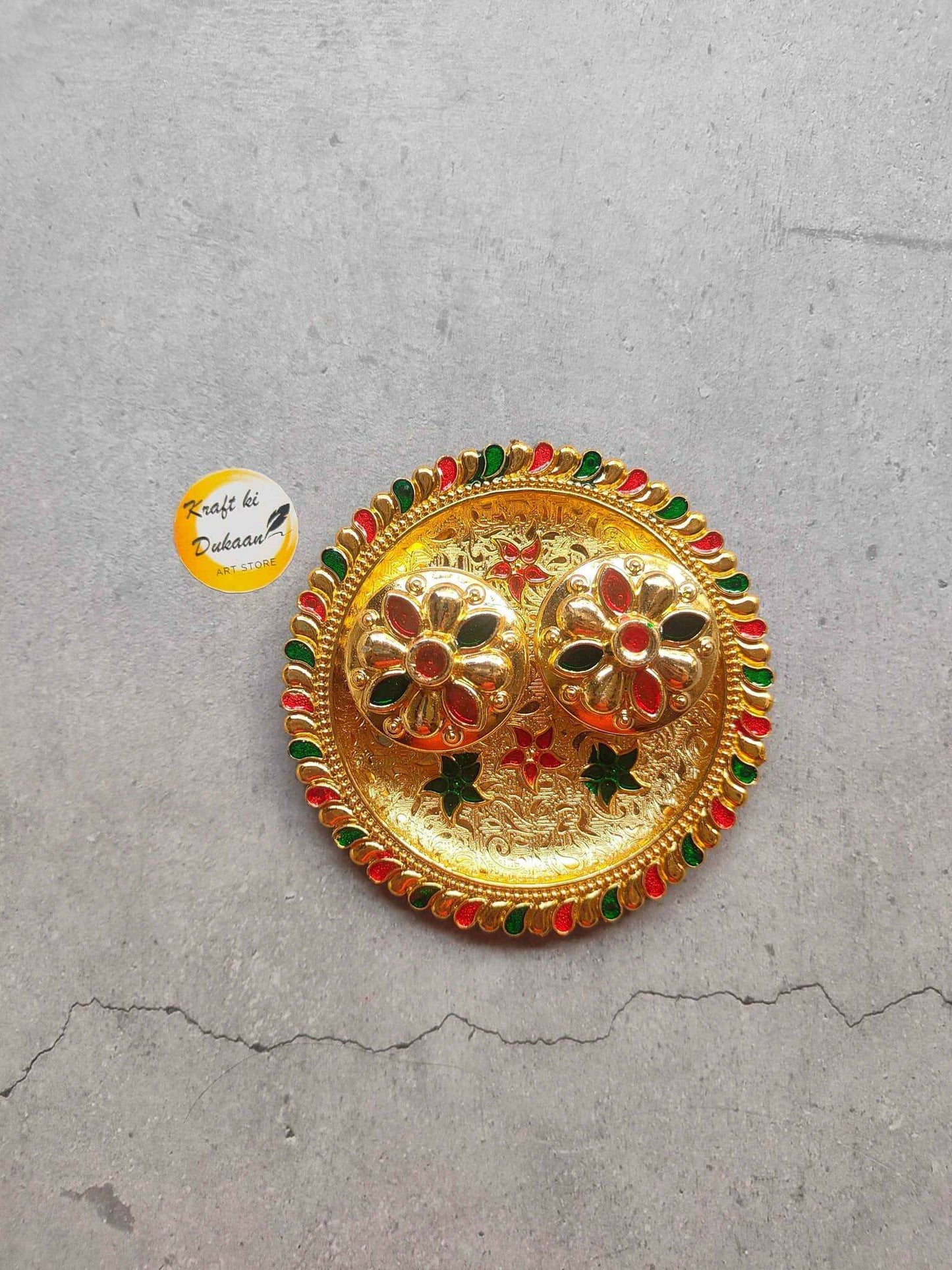Roli Chawal Plate A8, golden round puja plate with floral twin motifs and red-green border