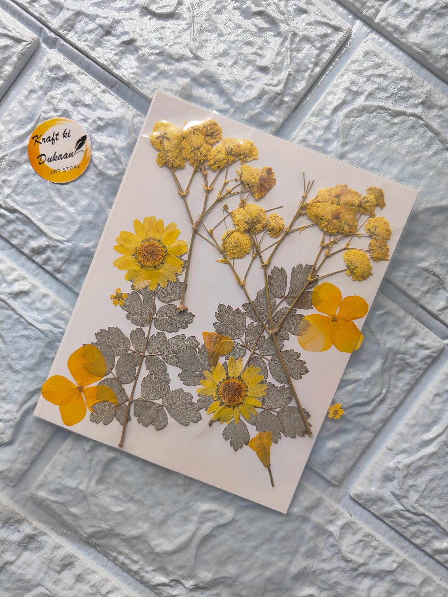 Kraft ki Dukaan dried flower sheets for resin with vibrant yellow flowers and leaves