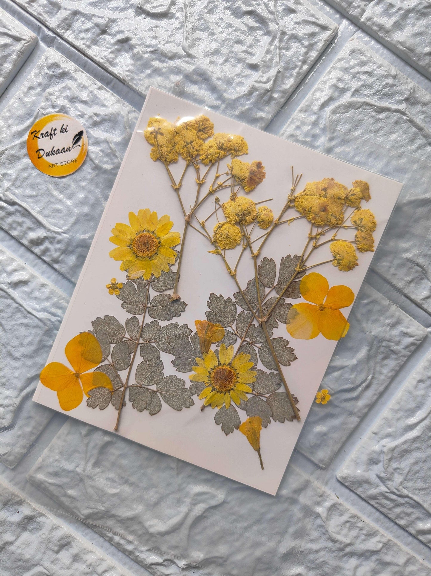 Pressed Flower Sheet Mix A2: yellow and gray pressed flowers & leaf pattern
