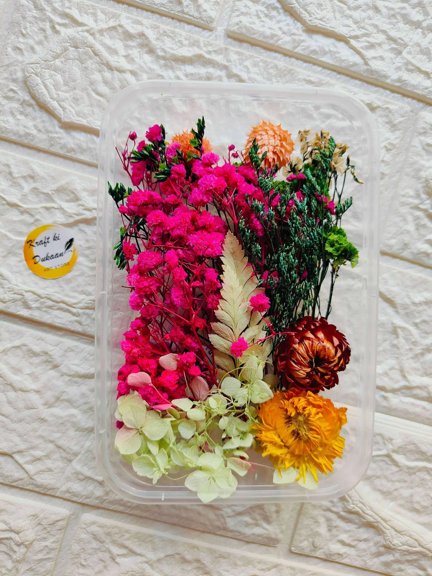 Dry Flower Box C11 with assorted pink, orange and yellow dried flowers in a clear case