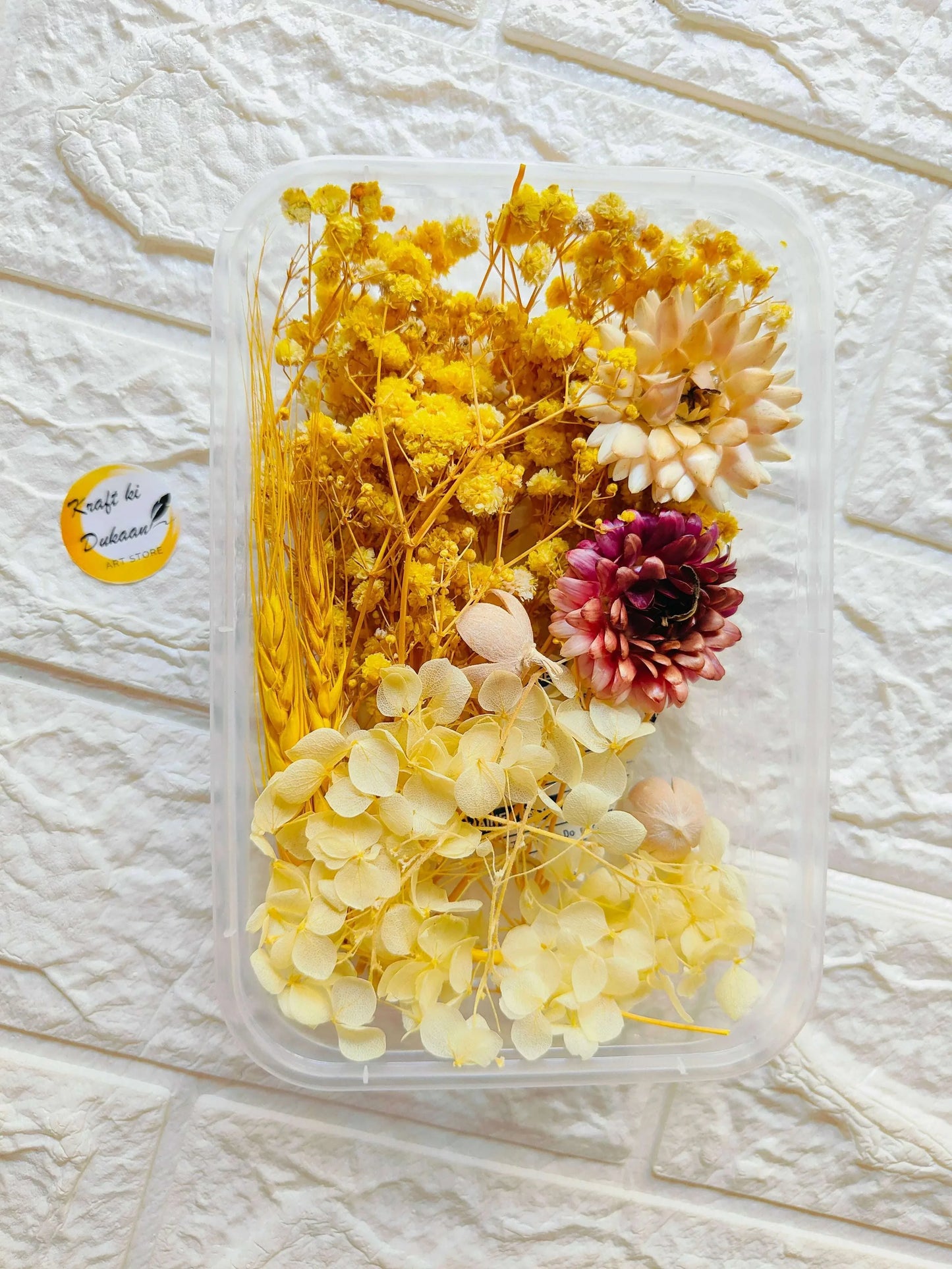 Dry Flower Box C8: clear box with yellow, white & purple dried flowers