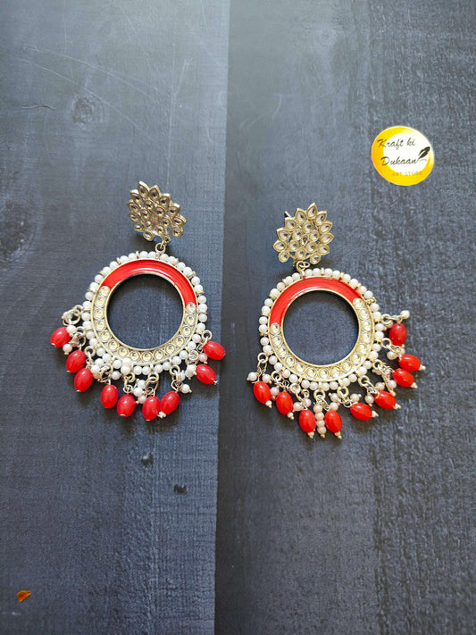 Chand Bali jhumka with red beads and pearl fringe, gold-tone floral cap