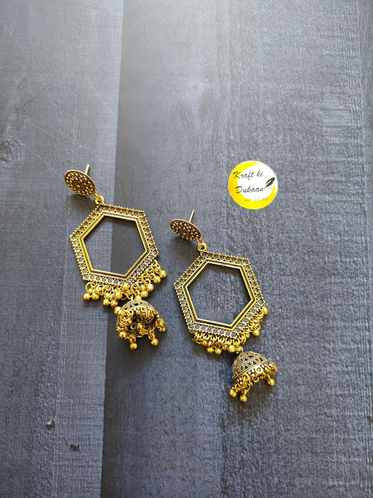 earrings-with-jhumka-gold-hexagon-design