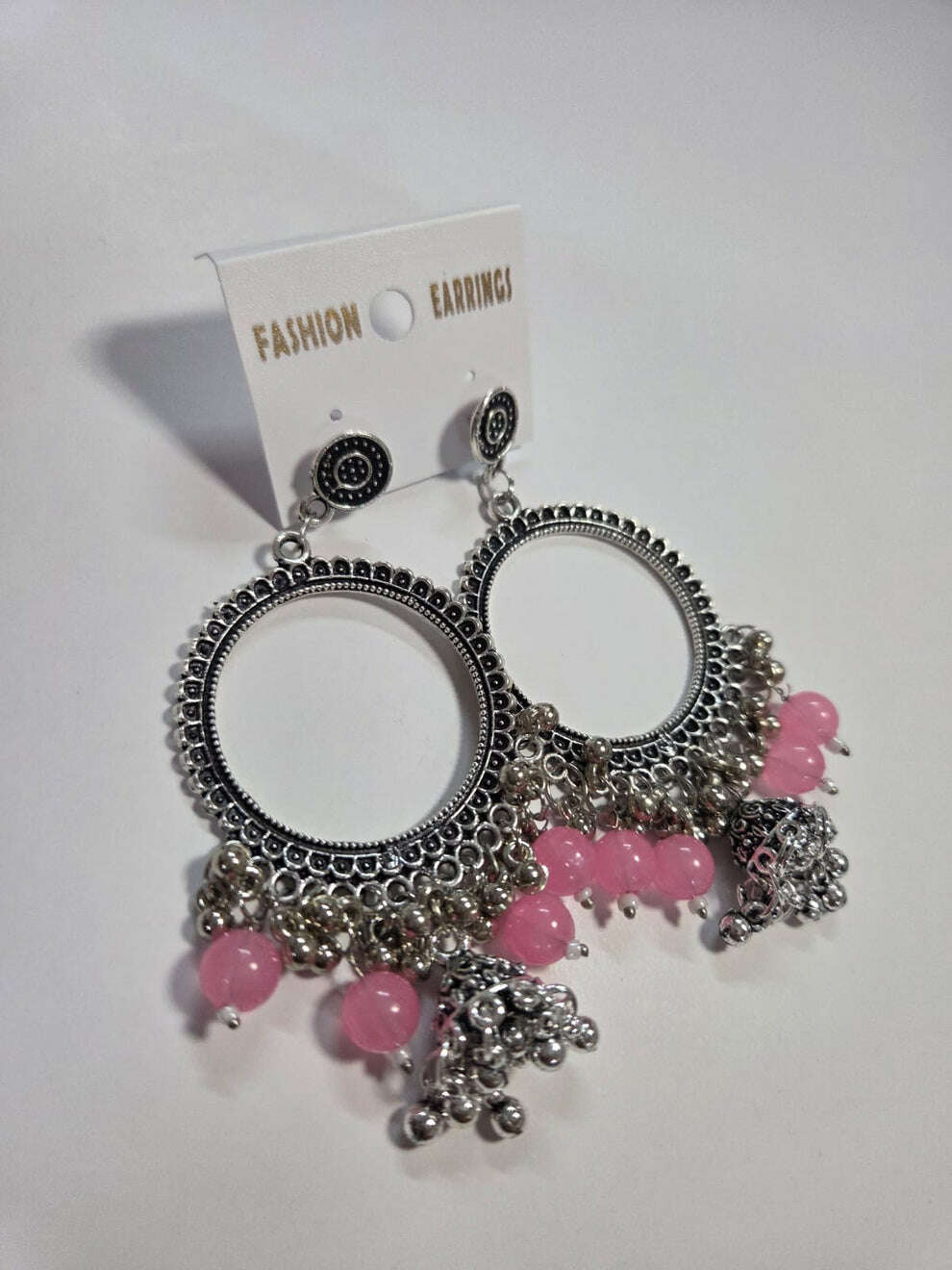 Kashmiri silver round jhumka with pink beads and dangling bell tassels