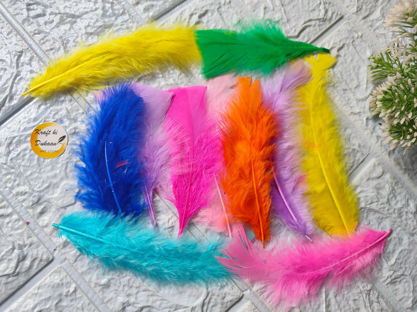 Feather bundle in bright colors: yellow, green, blue, pink, orange, and purple, layered.