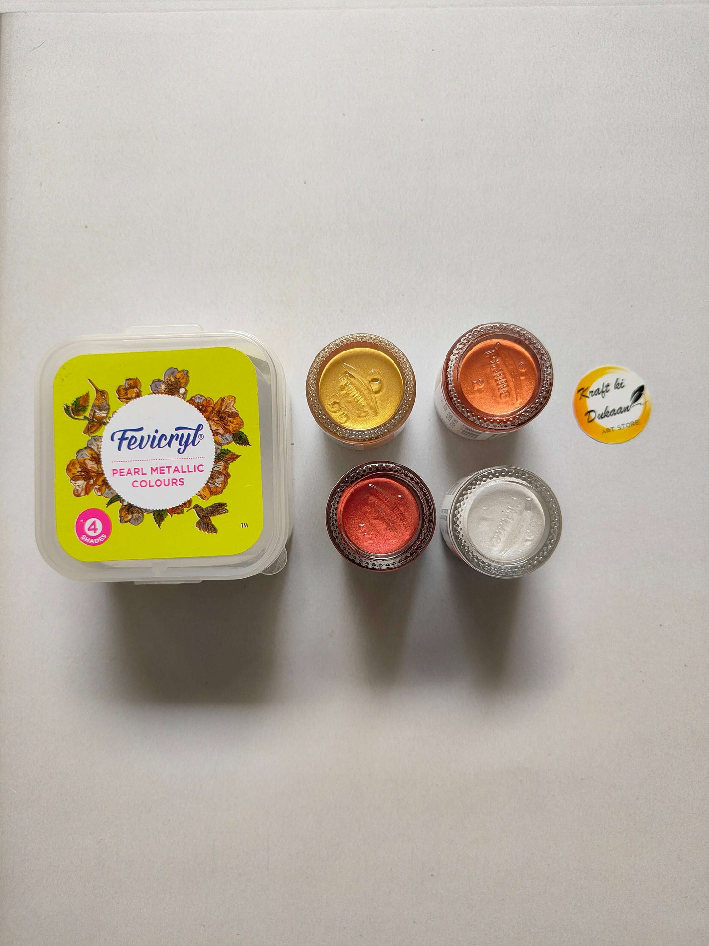 Fevicryl pearl metallic colour set of 4: four small foil-lidded metallic paint jars