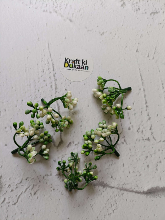 Artificial flower bunches with white blossom clusters and green buds, pack of 5