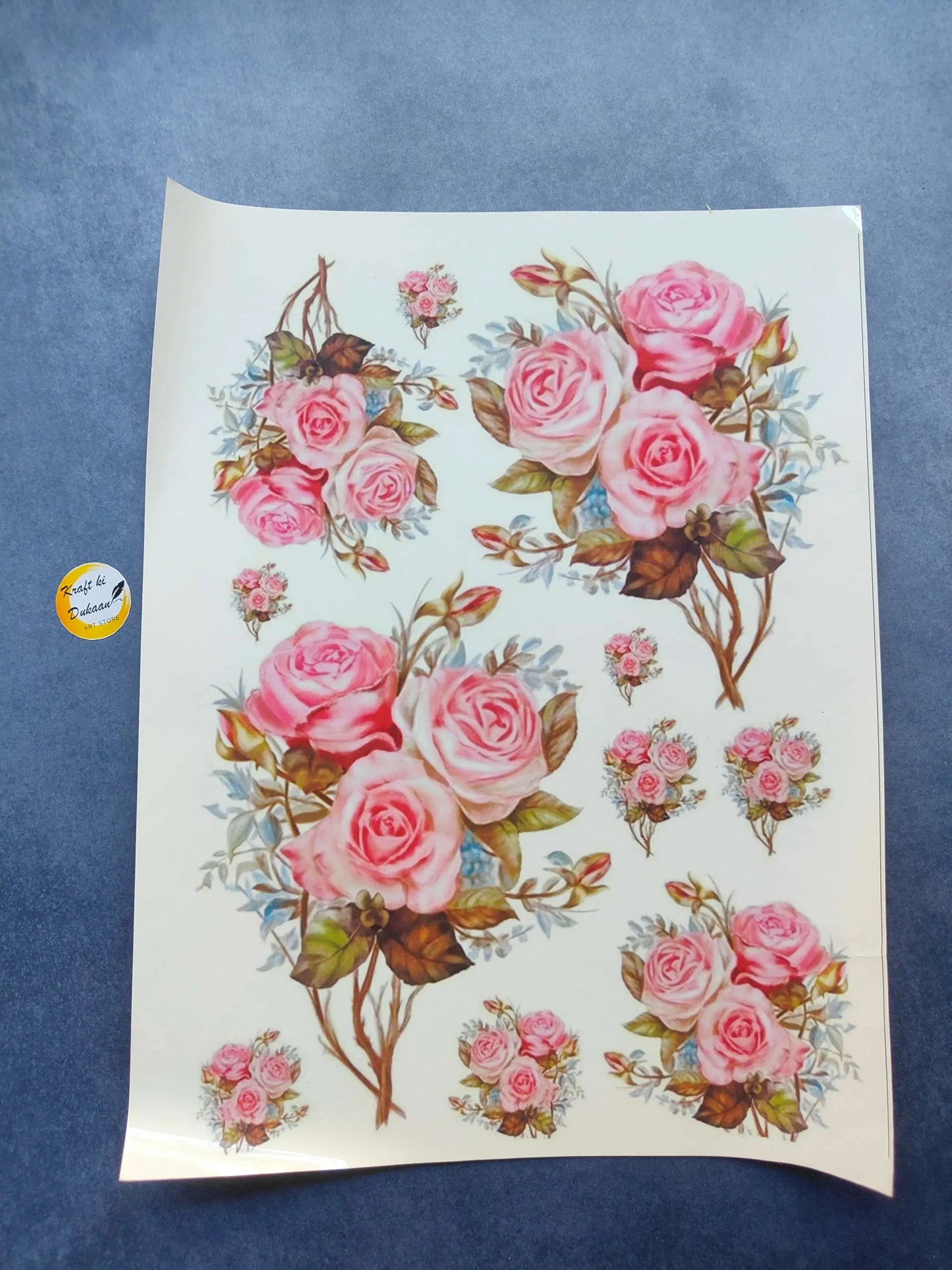 A9 colour sticker sheet with pink roses, butterflies and floral clusters on white backing