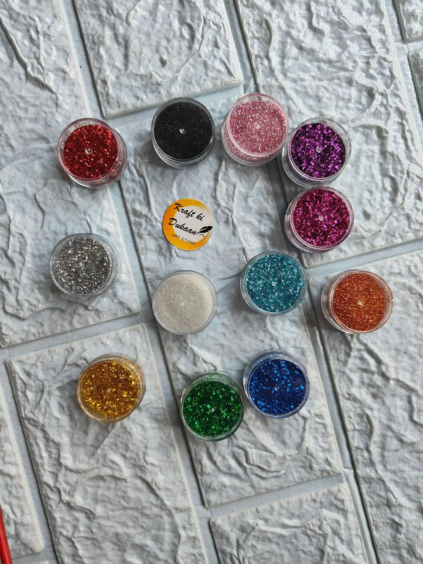 Glitter Set A2: mixed glitter jars including red, pink, purple, blue, green, gold, silver.