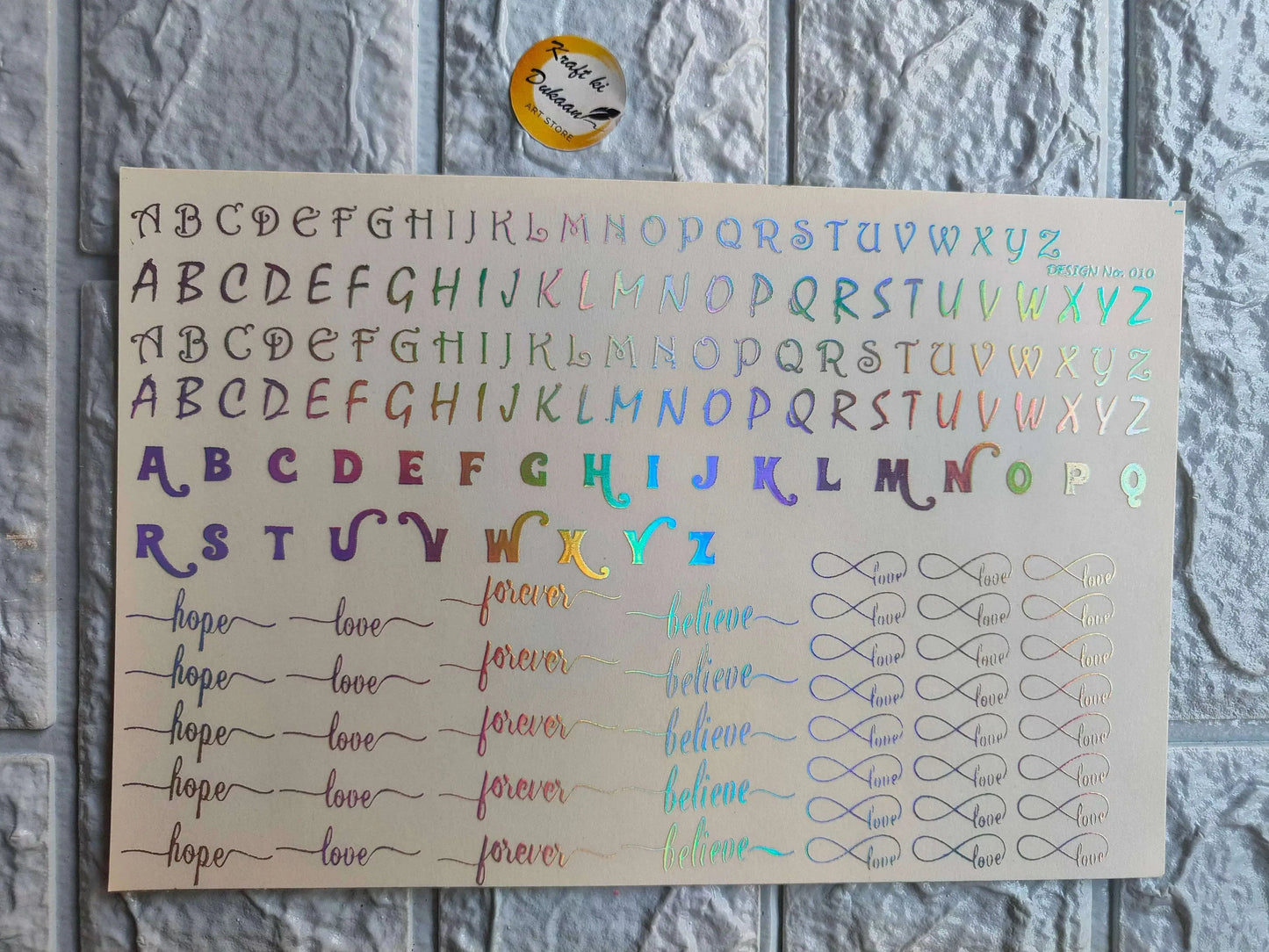 Glow metal A5 sticker sheet with alphabet, “forever/hope/believe” and heart icons