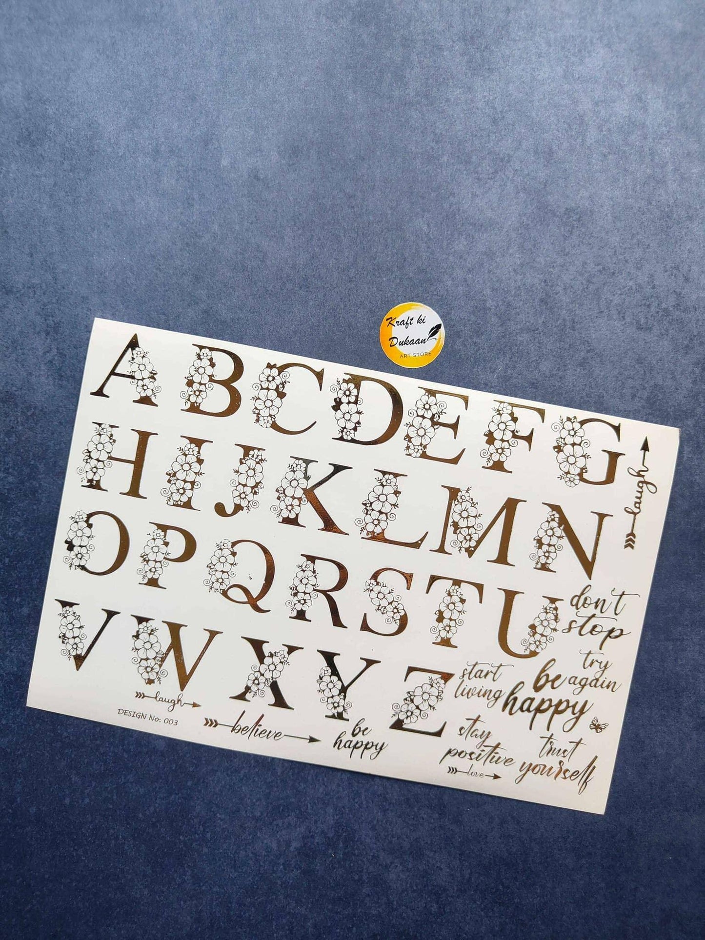 A5 gold embossed letter sticker sheet with floral motifs and quotes