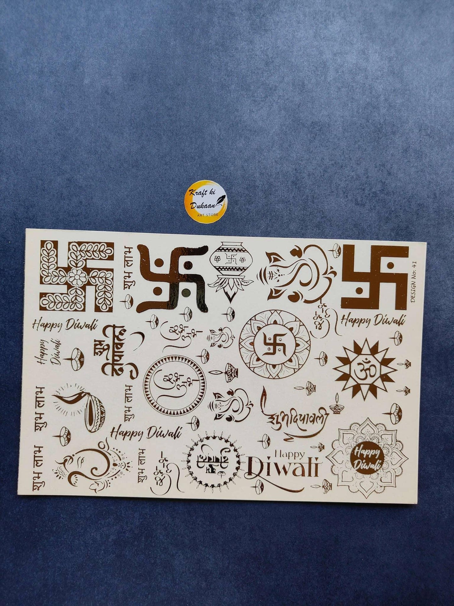 A5 gold embossed Diwali sticker sheet with ornate icons and “Happy Diwali” text
