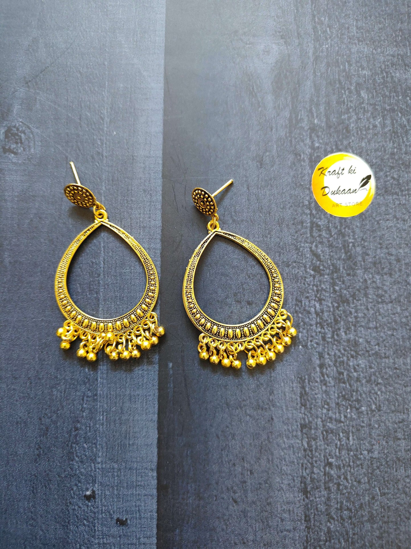 Golden jhumka drop earrings, teardrop filigree with fringe detailing, no bead drops (D9)