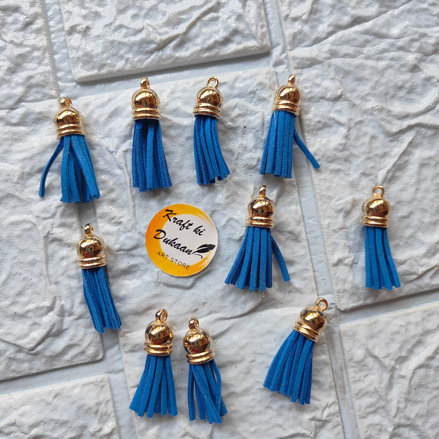 Set of Blue Leather Tassels with Gold Caps for DIY Projects featuring Gold Leather Tassel Craft