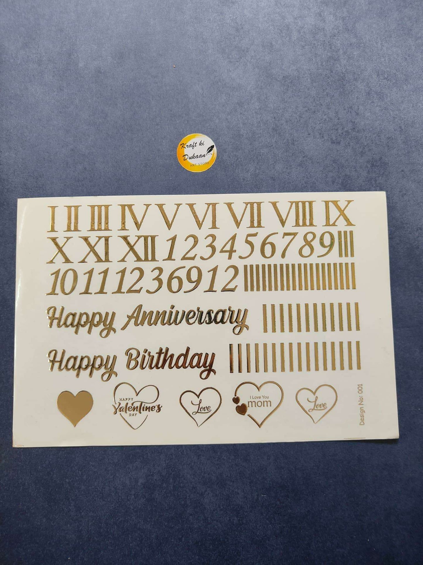 A5 Gold embossed sticker sheet with roman numerals, numbers, “Happy Anniversary/Birthday” and hearts