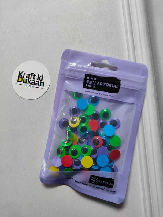 Pack of 10mm round colored googly eyes with black pupils, 70 count