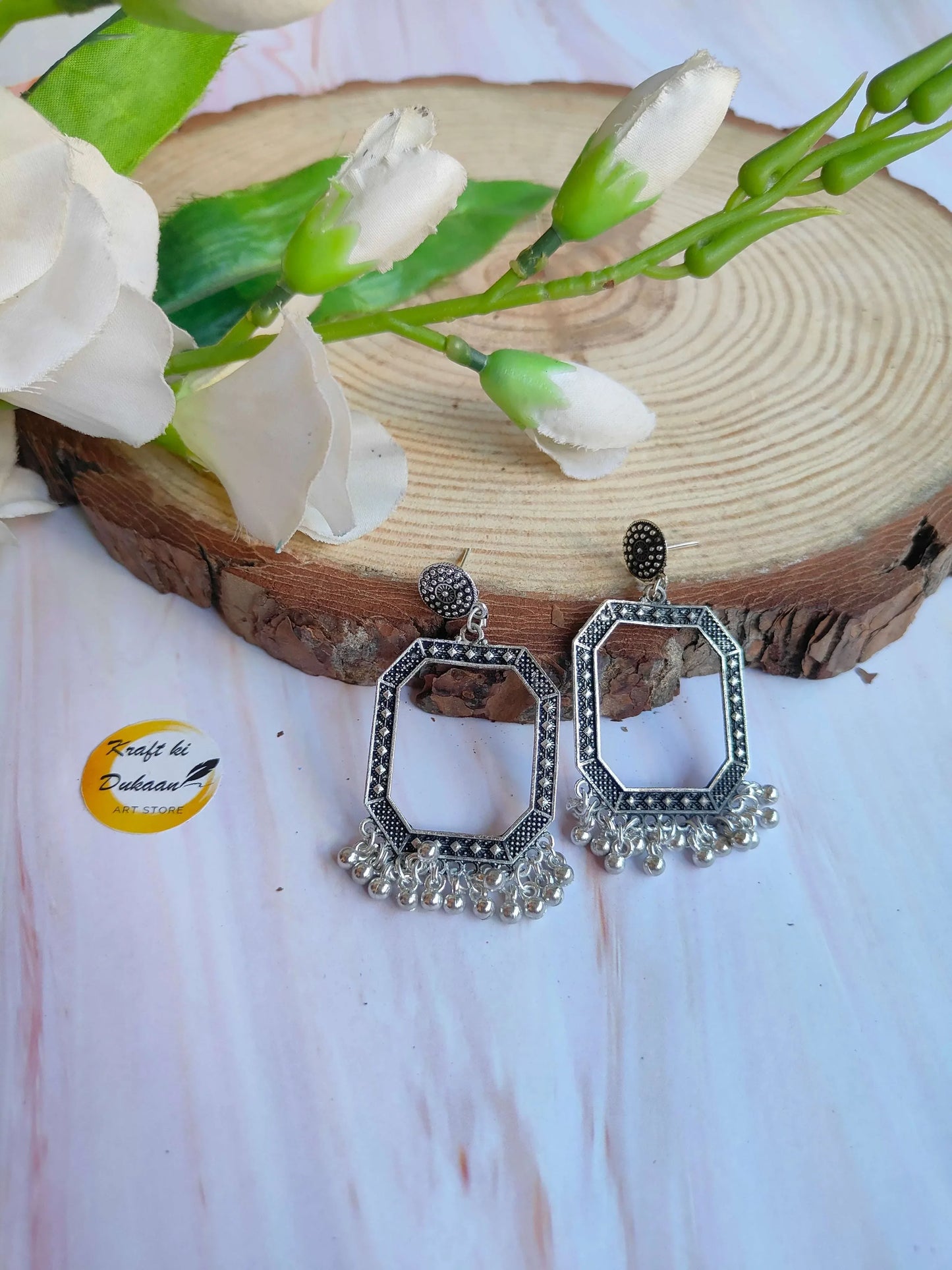 Silver jhumka earrings, octagon hoops with jeweled border and dangling fringe